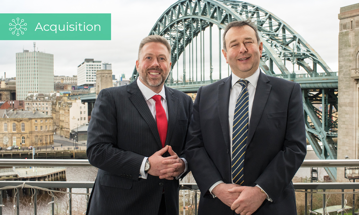 Fairstone CEO Lee Hartley stands with company principal of Sovereign, Marcus Harris in front of Newcastle Tyne Bridge